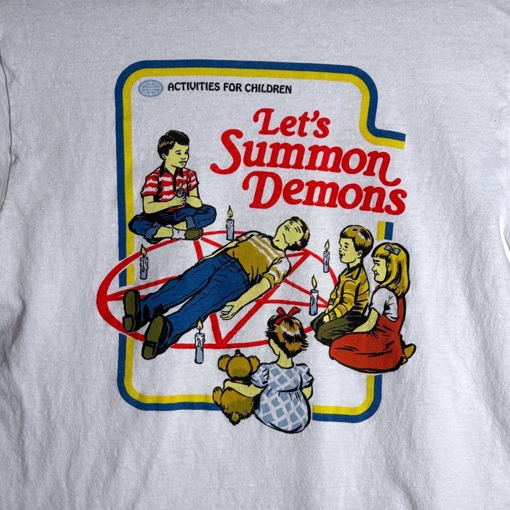 Steven Rhodes Mens Small Lets Summon Demons White Graphic T-Shirt Retro Humor